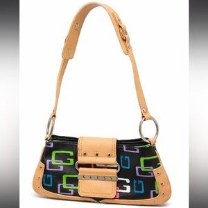 Vintage Guess Baguette Shoulder Bag Black Multicolor Monogram Y2K